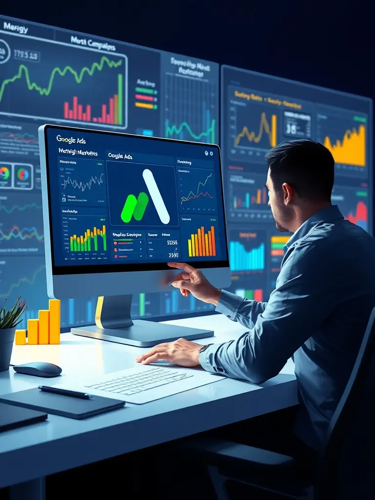 A dynamic image of Google Ads interface, highlighting keyword research, ad copy optimization, and conversion tracking.