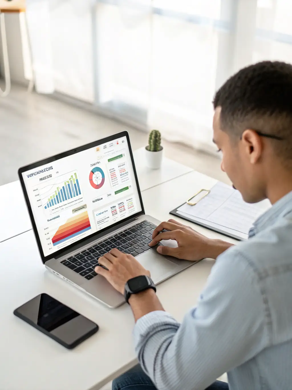 A professional photo of a person working on a Meta advertising campaign, showcasing data analytics and creative ad design.